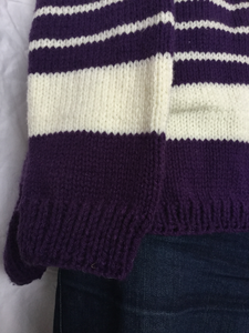 breton style hand knitted pullover in purple and natural white