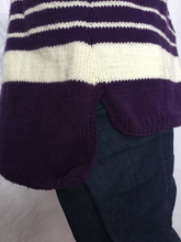 breton style hand knitted pullover in purple and natural white