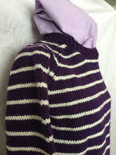 breton style hand knitted pullover in purple and natural white